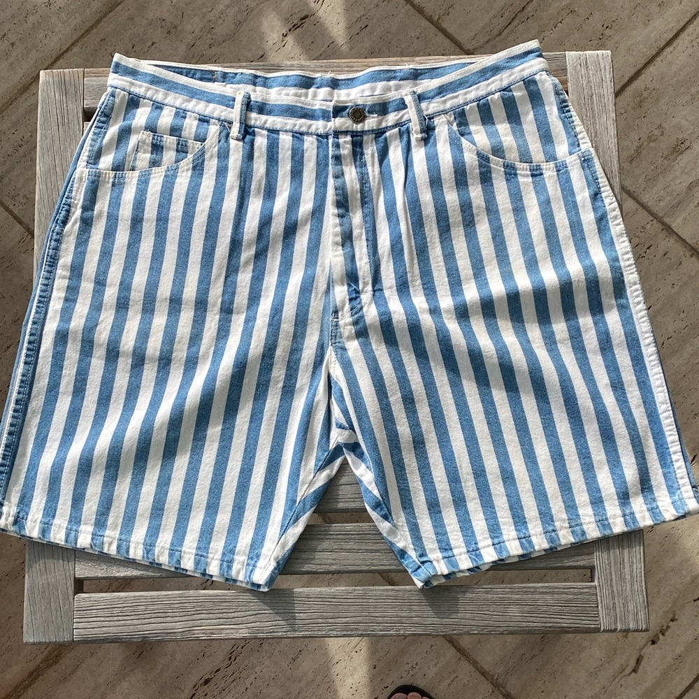 Blue & White Striped Denim Casual Shorts